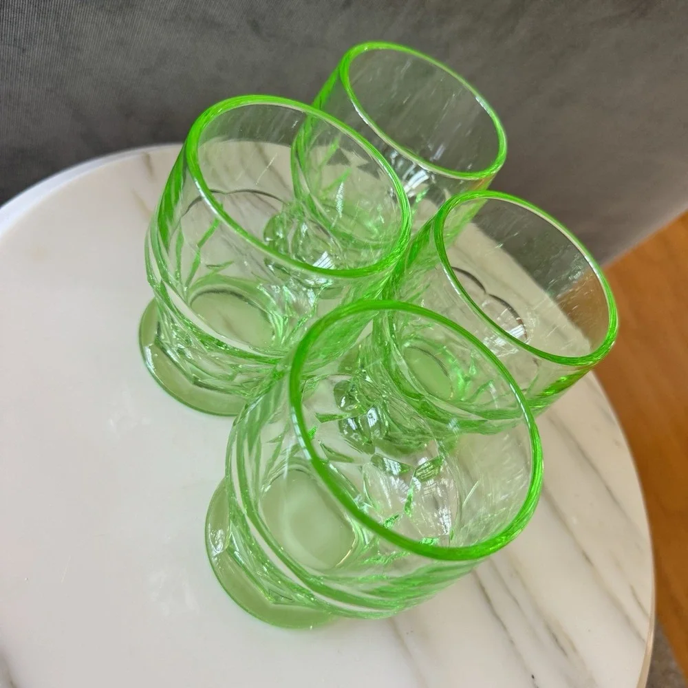4 - Vintage Green Vaseline Uranium Glass Tumbler Honeycomb Georgian Cambridge